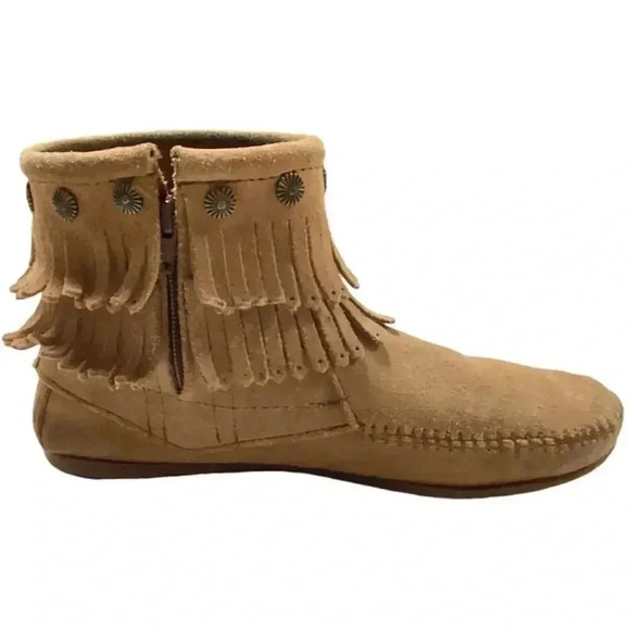Minnetonka Hi Top Boots Womens 7 Brown Suede Double Fringe Side Zip Moccasin - Picture 5 of 11